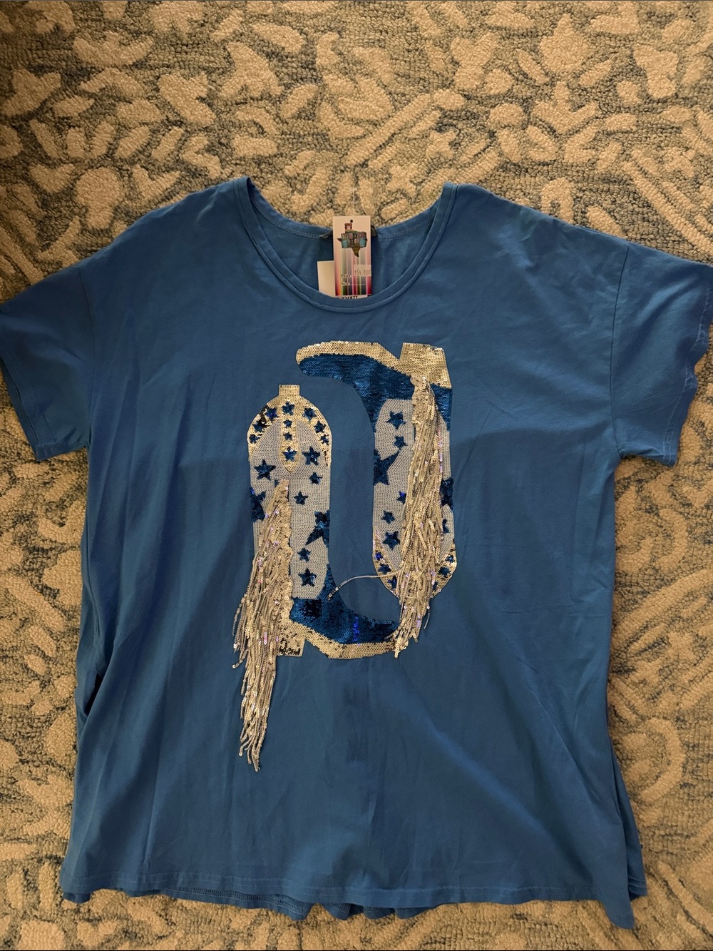 Stylish Blue Sequin Tee with Boot Designs